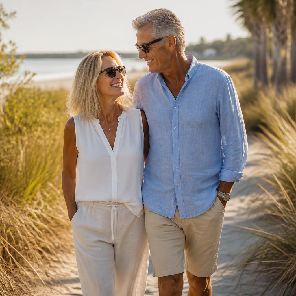 Couple strolling a moss-draped path in the Lowcountry